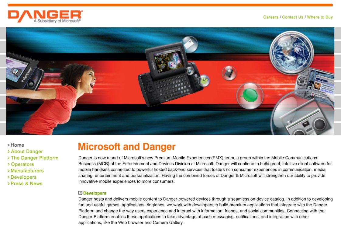 Danger.com Homepage After Microsoft Acquisition (2008)